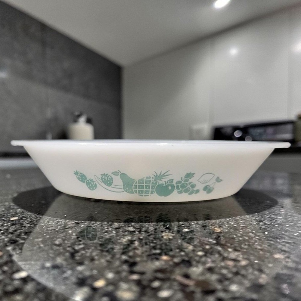 Glasbake Divided Casserole Baking Dish‎ J-2352, Aqua Turquoise Fruit Design